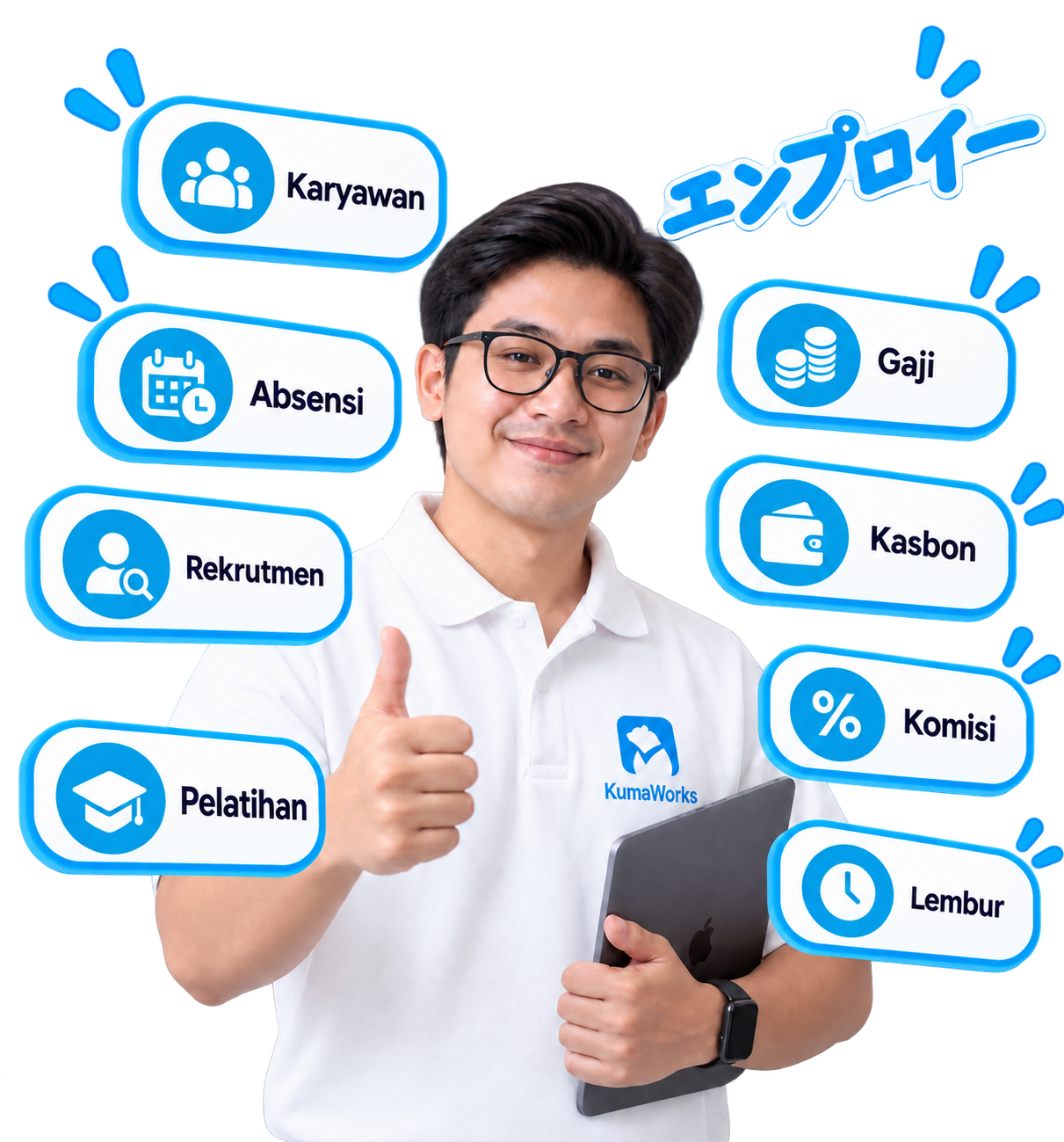 Tim karyawan dengan KumaWorks: absensi, rekrutmen, pelatihan, gaji, kasbon, komisi, dan lembur