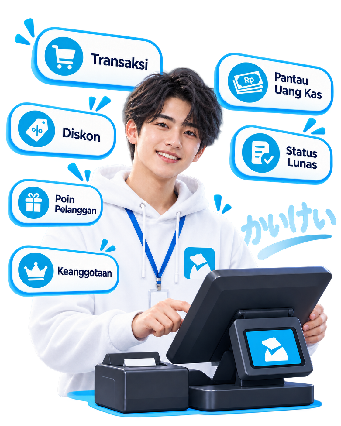 Kasir dengan KumaWorks: transaksi, diskon, program pelanggan setia, keanggotaan, uang kas, dan status pembayaran